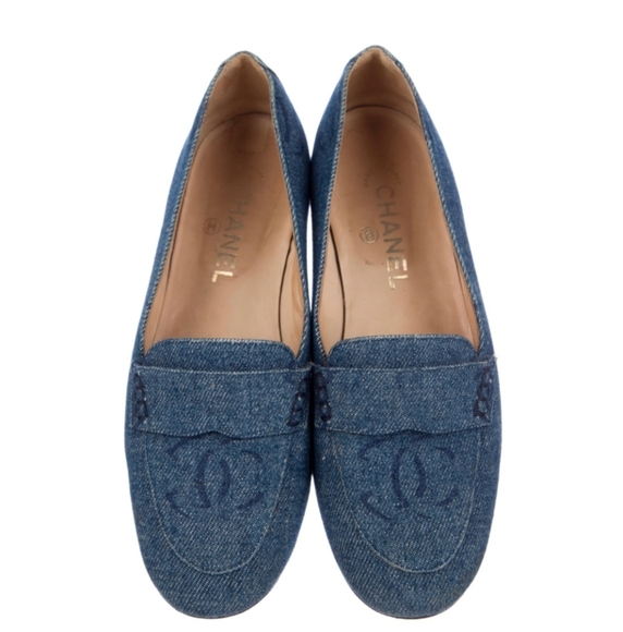 Vintage Y2K Chanel Denim Loafers Rare Designer Luxury Slip-On Shoes Flats Sz 10 - Picture 1 of 15